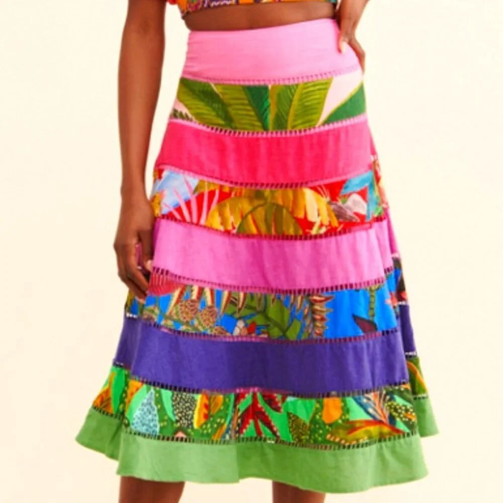 FARM Rio Rainbow Mixed Prints Tiered Midi Skirt Gypsy Bohemian - Picture 1 of 15